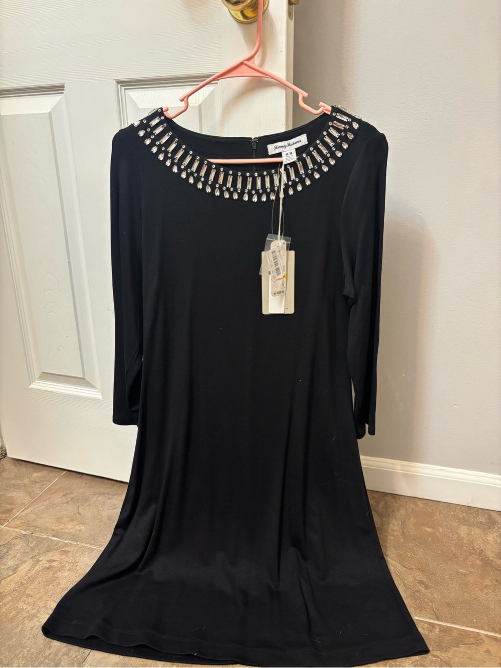 Tommy Bahama Black Shift Dress with Crystal Embellished Neckline